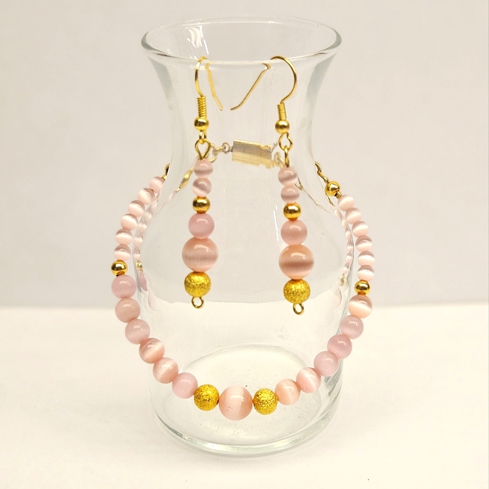 Pink Cats Eye and Gold Beaded Bracelet and Earring set